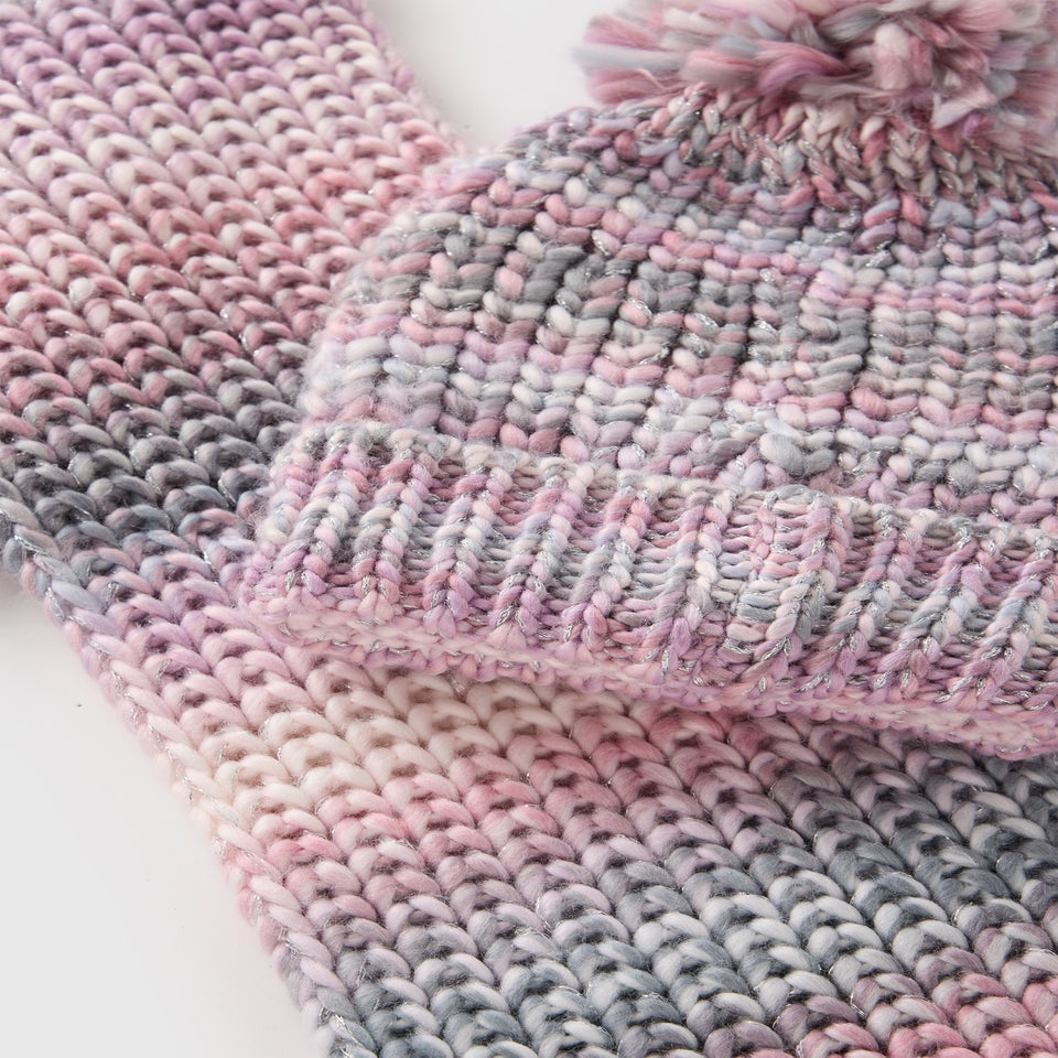 3 Piece Girls Multicolour Slub Hat & Scarf Set (3-13yrs)