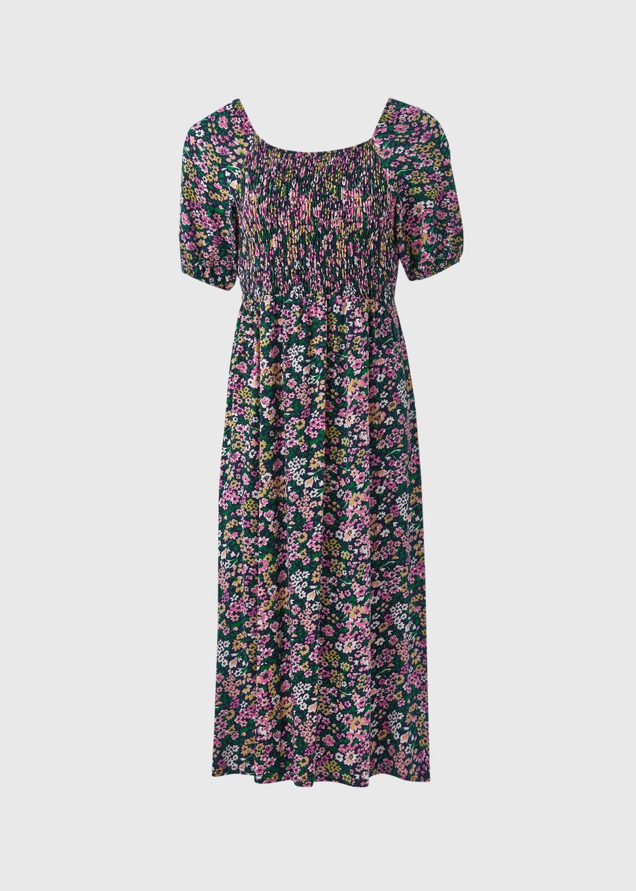 Multicolour Floral Square Neck Shirred Midi Dress