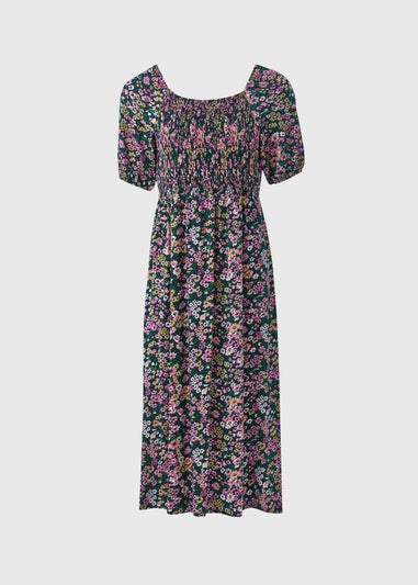 Multicolour Floral Square Neck Shirred Midi Dress