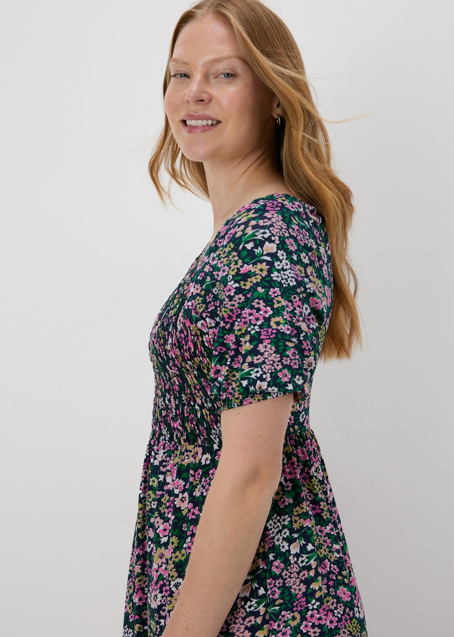 Multicolour Floral Square Neck Shirred Midi Dress