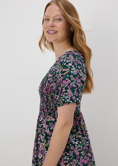 Multicolour Floral Square Neck Shirred Midi Dress