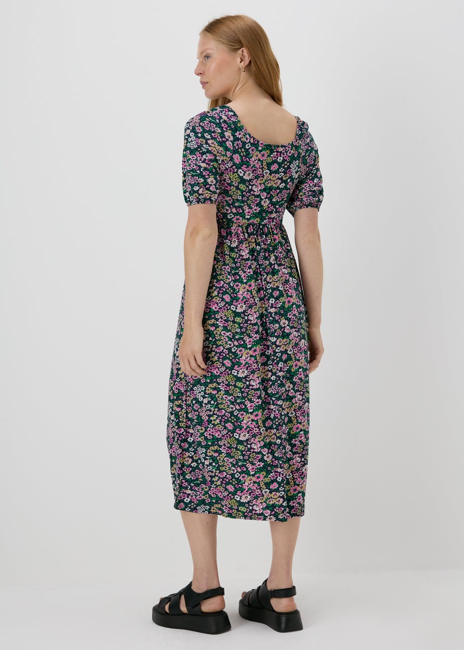Multicolour Floral Square Neck Shirred Midi Dress