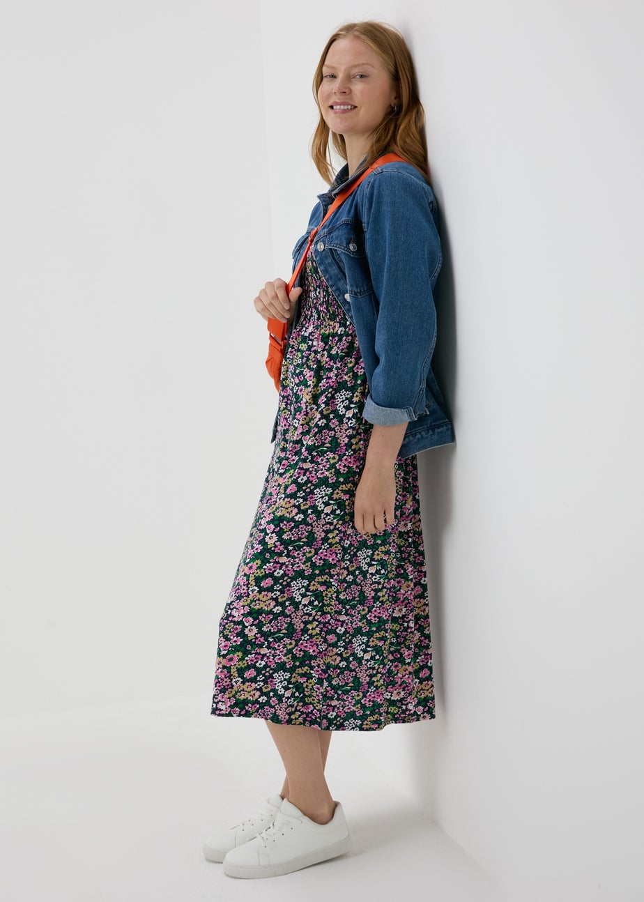 Multicolour Floral Square Neck Shirred Midi Dress