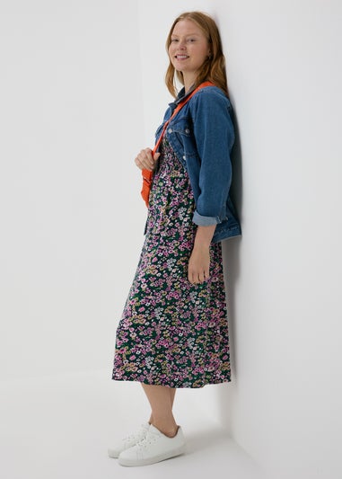 Multicolour Floral Square Neck Shirred Midi Dress