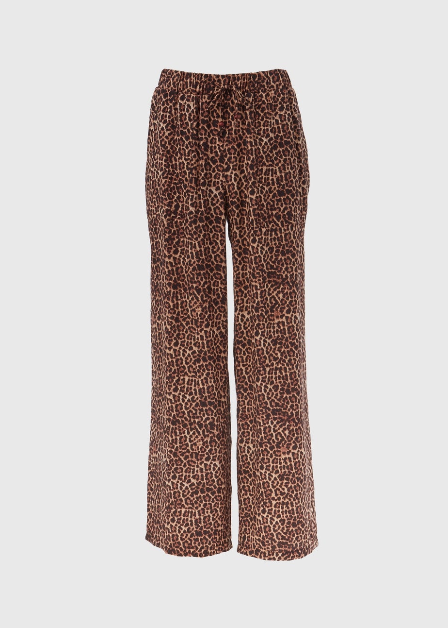 Brown Leopard Print Textured Wide Leg Trousers