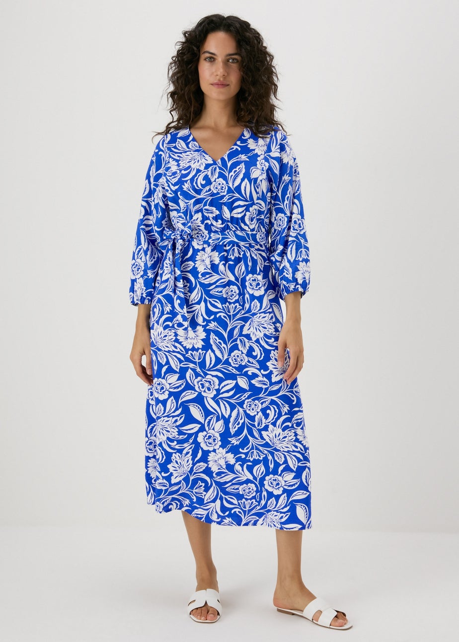 Blue Floral Print Tie Waist Midi Dress