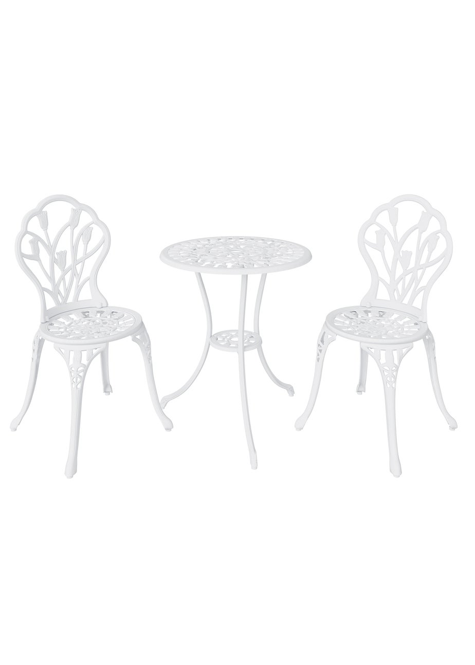 Charles Bentley Tulip Cast Aluminium White Patio Bistro Set Table & 2 Chairs (3 Piece)