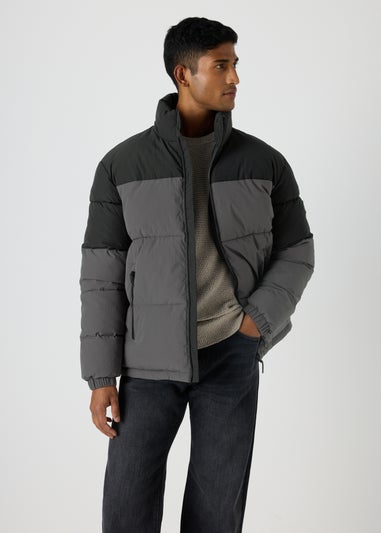 Grey Colour Block Showerproof Puffer Coat