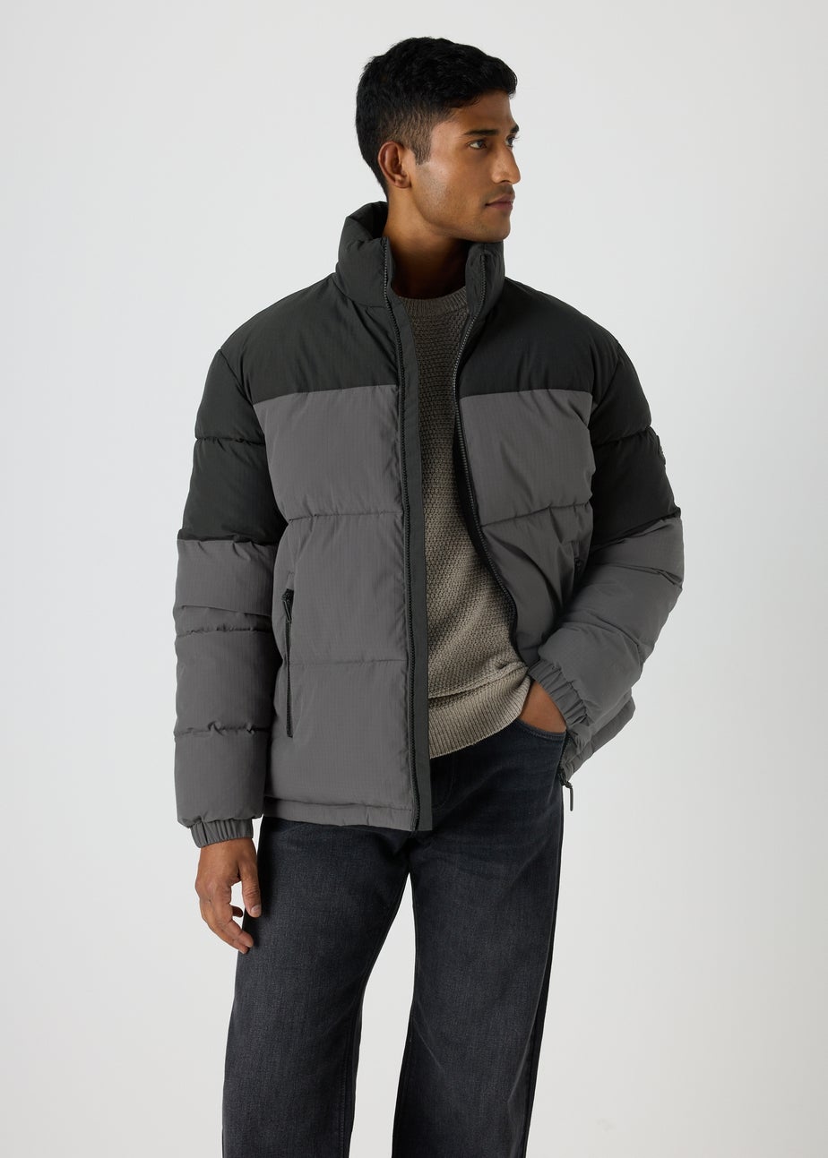 Grey Colour Block Showerproof Puffer Coat