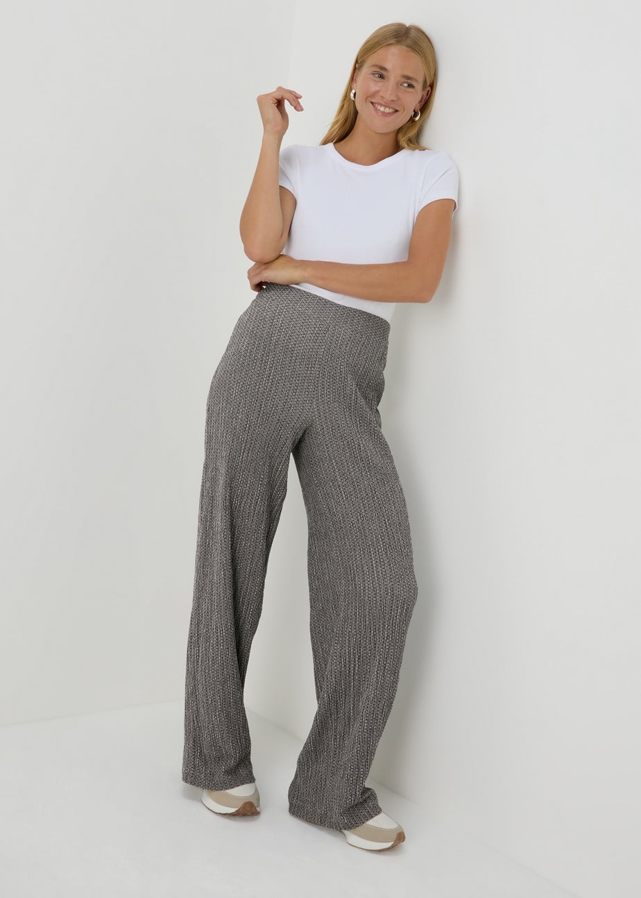 Grey Textured Wide Leg Trousers