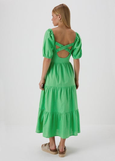 Green Linen Blend Tiered Dress