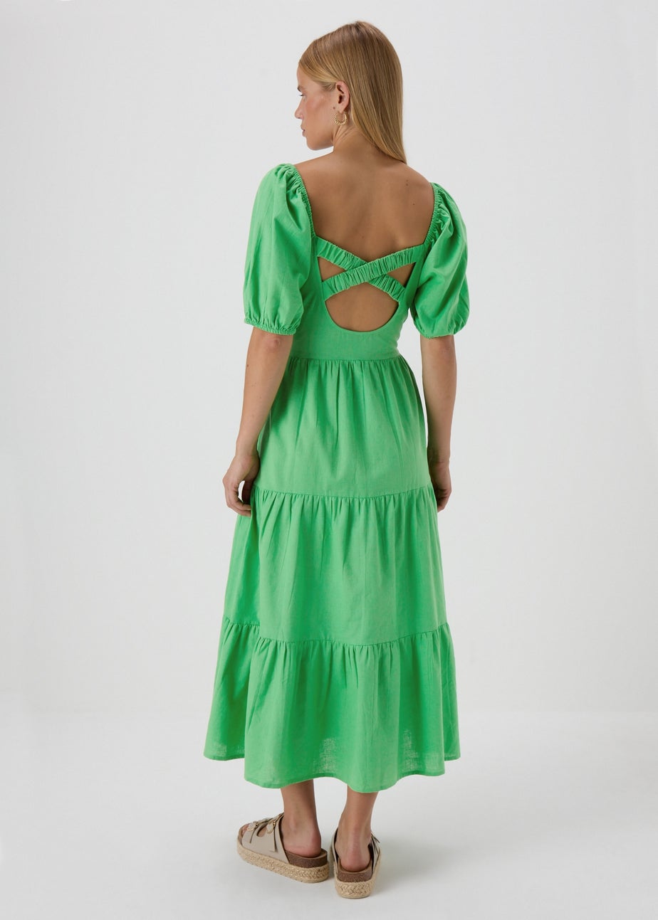 Green Linen Blend Tiered Dress
