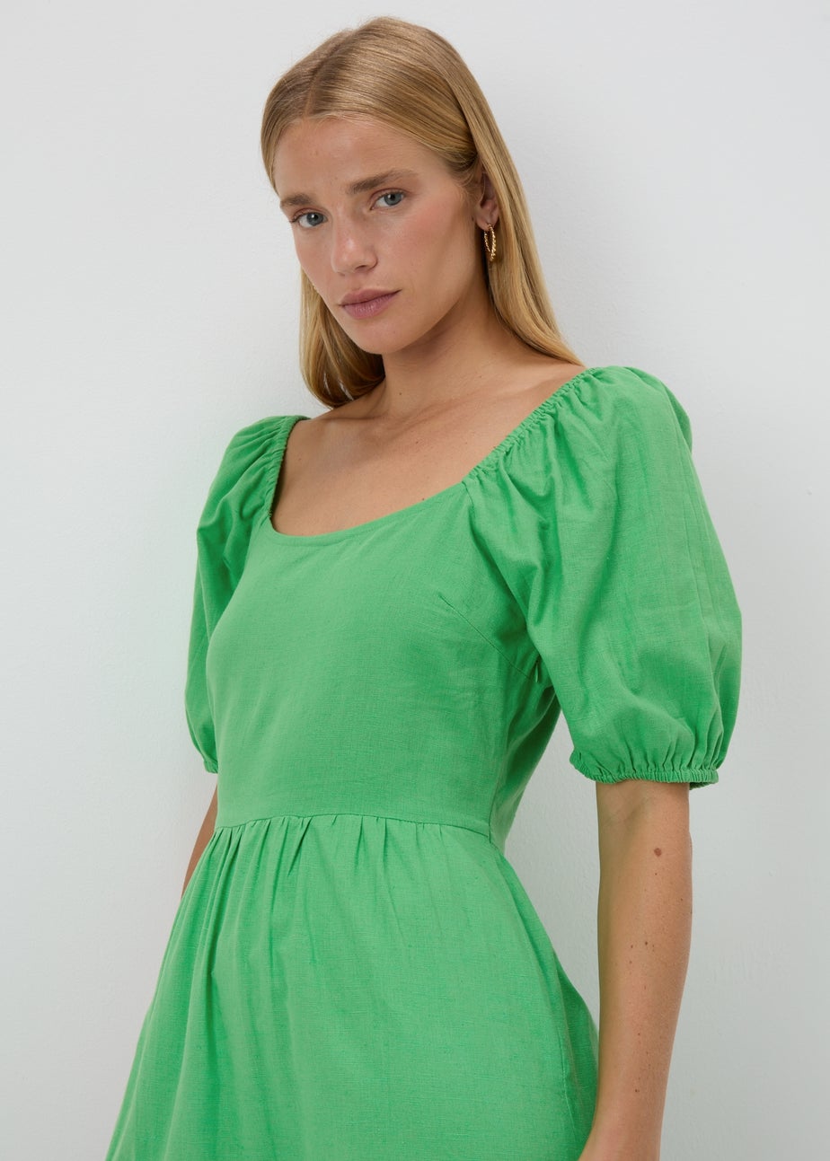 Green Linen Blend Tiered Dress