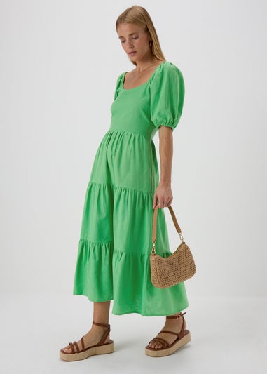Green Linen Blend Tiered Dress