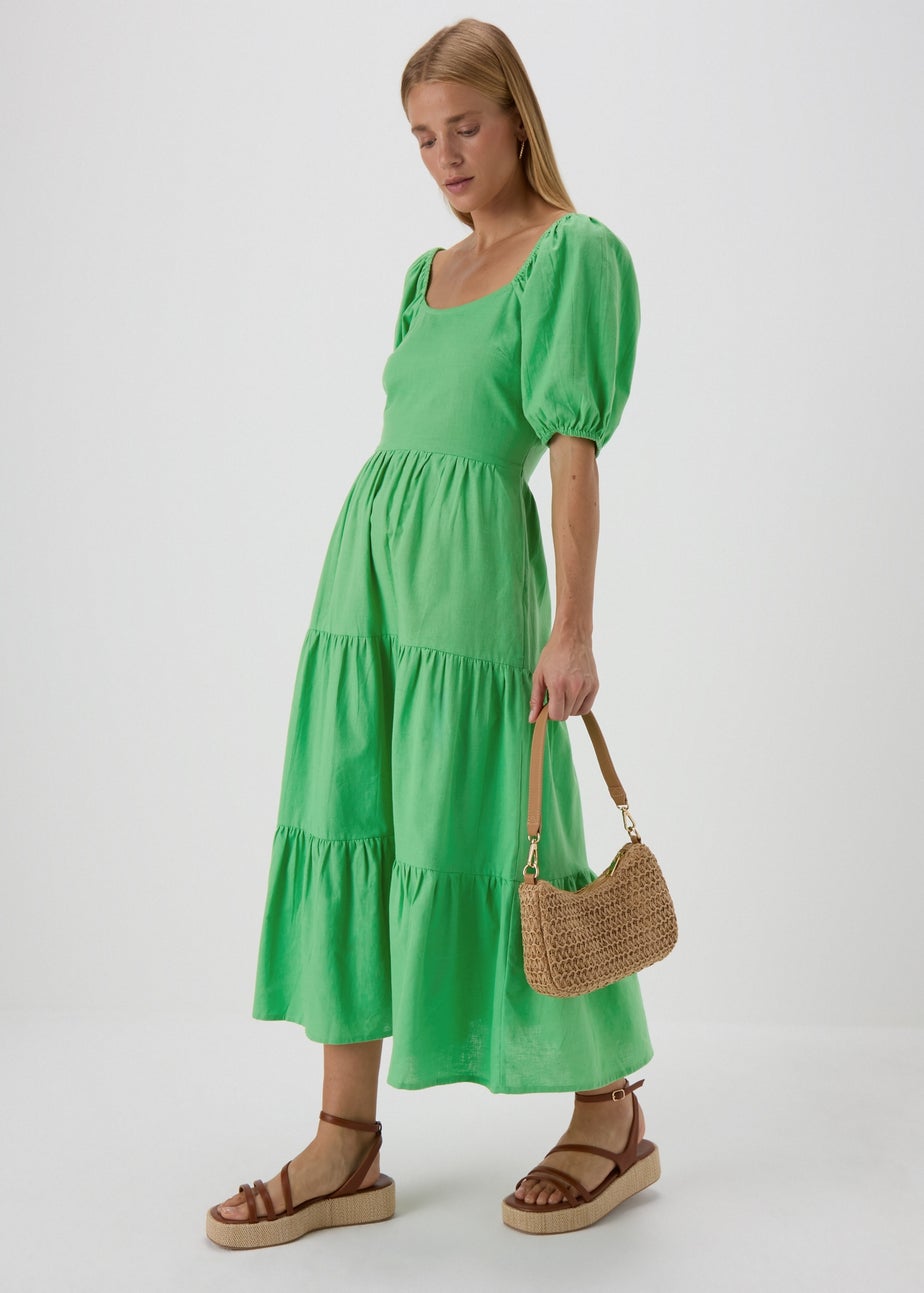 Green Linen Blend Tiered Dress