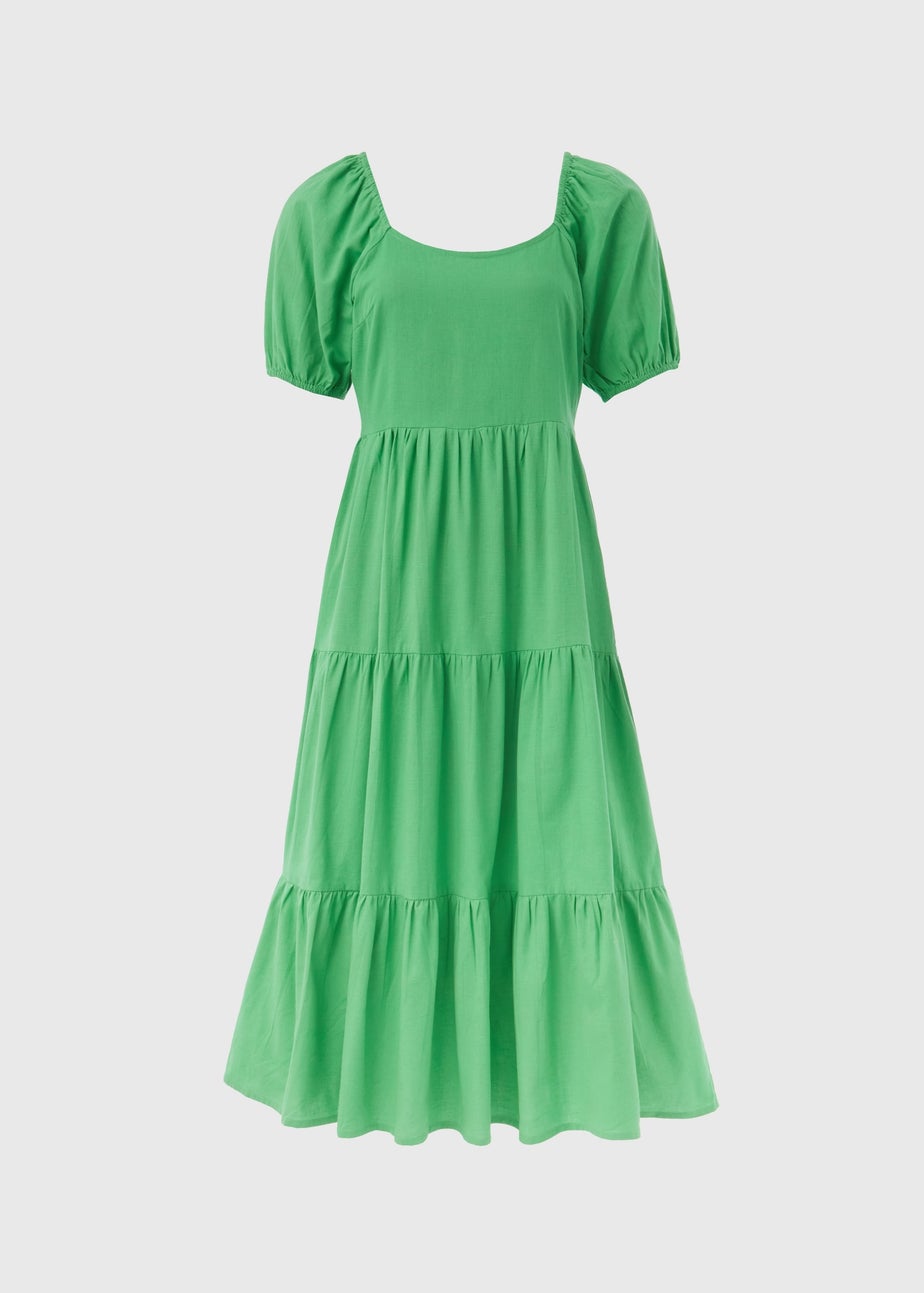 Green Linen Blend Tiered Dress