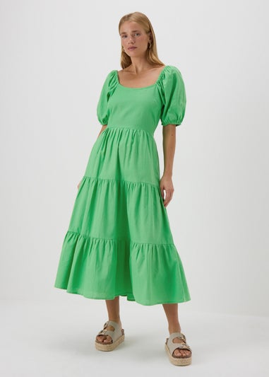 Green Linen Blend Tiered Dress