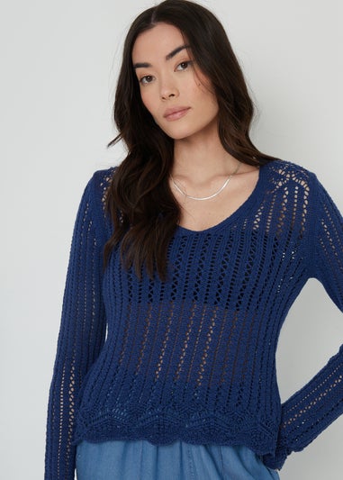 Threadbare Blue Torin Pointelle Knitted V Neck Jumper