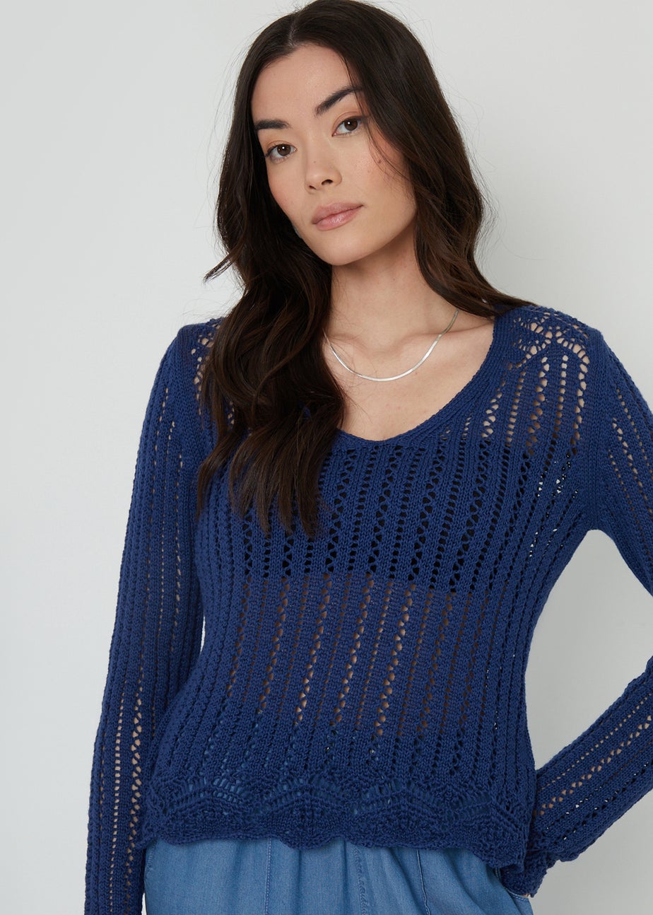 Threadbare Blue Torin Pointelle Knitted V Neck Jumper
