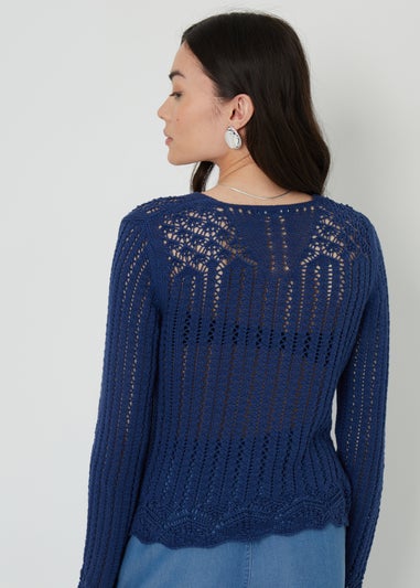 Threadbare Blue Torin Pointelle Knitted V Neck Jumper