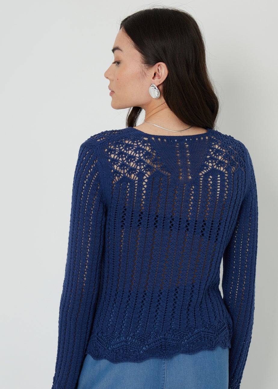 Threadbare Blue Torin Pointelle Knitted V Neck Jumper