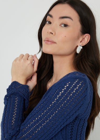 Threadbare Blue Torin Pointelle Knitted V Neck Jumper