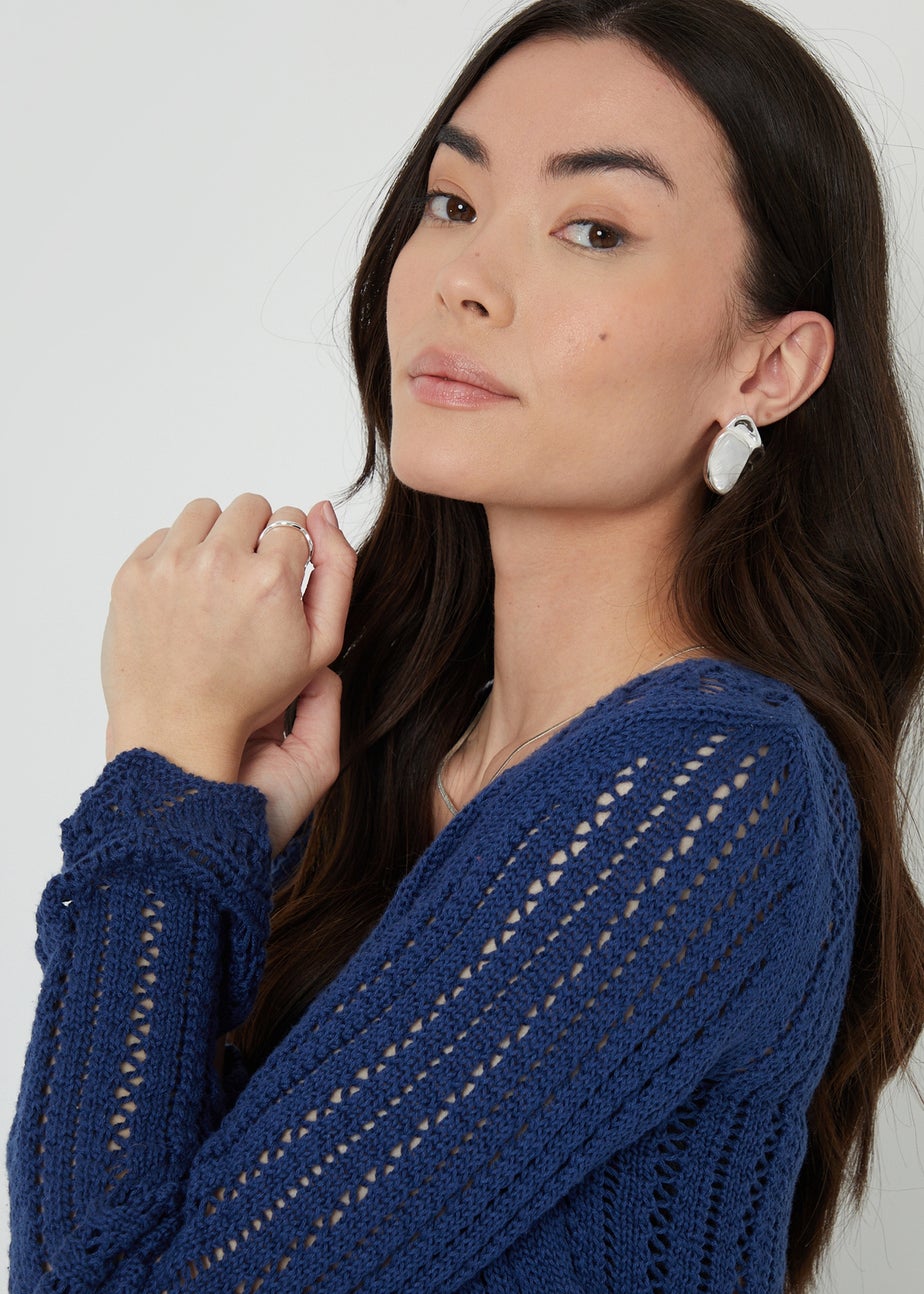 Threadbare Blue Torin Pointelle Knitted V Neck Jumper