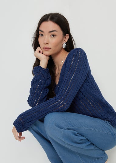 Threadbare Blue Torin Pointelle Knitted V Neck Jumper