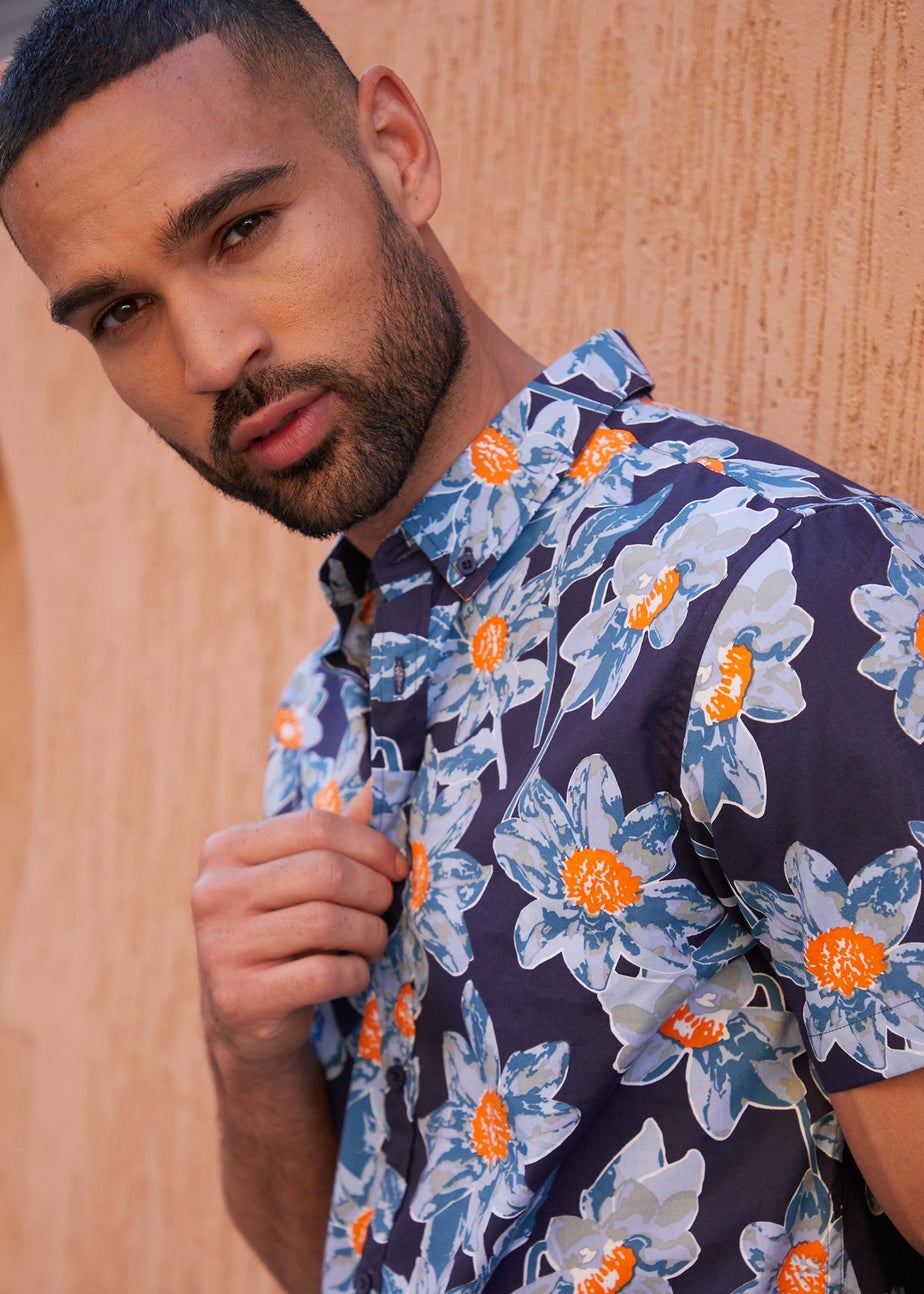 Threadbare Navy Cotton Tropical Print Short Sleeve Shirt
