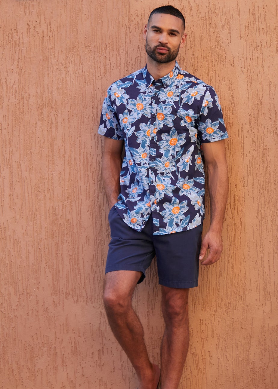 Threadbare Navy Cotton Tropical Print Short Sleeve Shirt