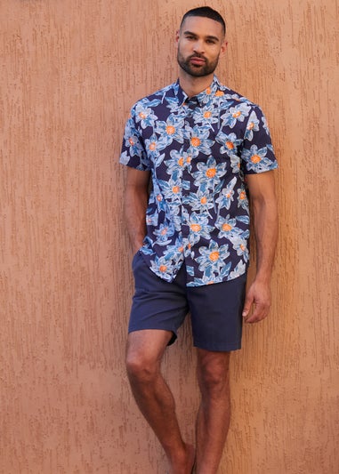 Threadbare Navy Cotton Tropical Print Short Sleeve Shirt