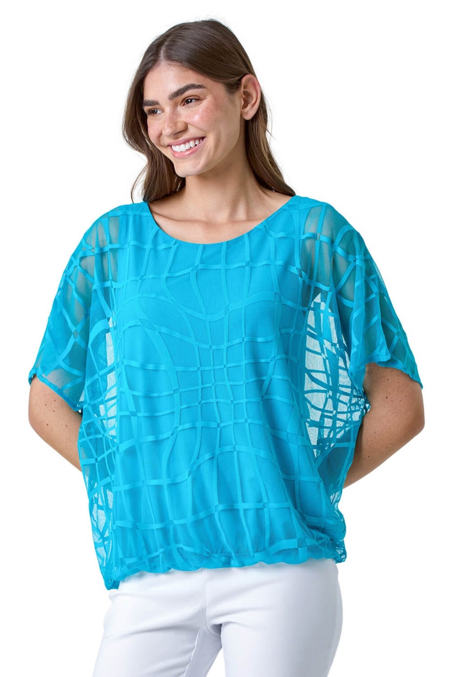 Roman Turquoise Abstract Check Print Blouson Top