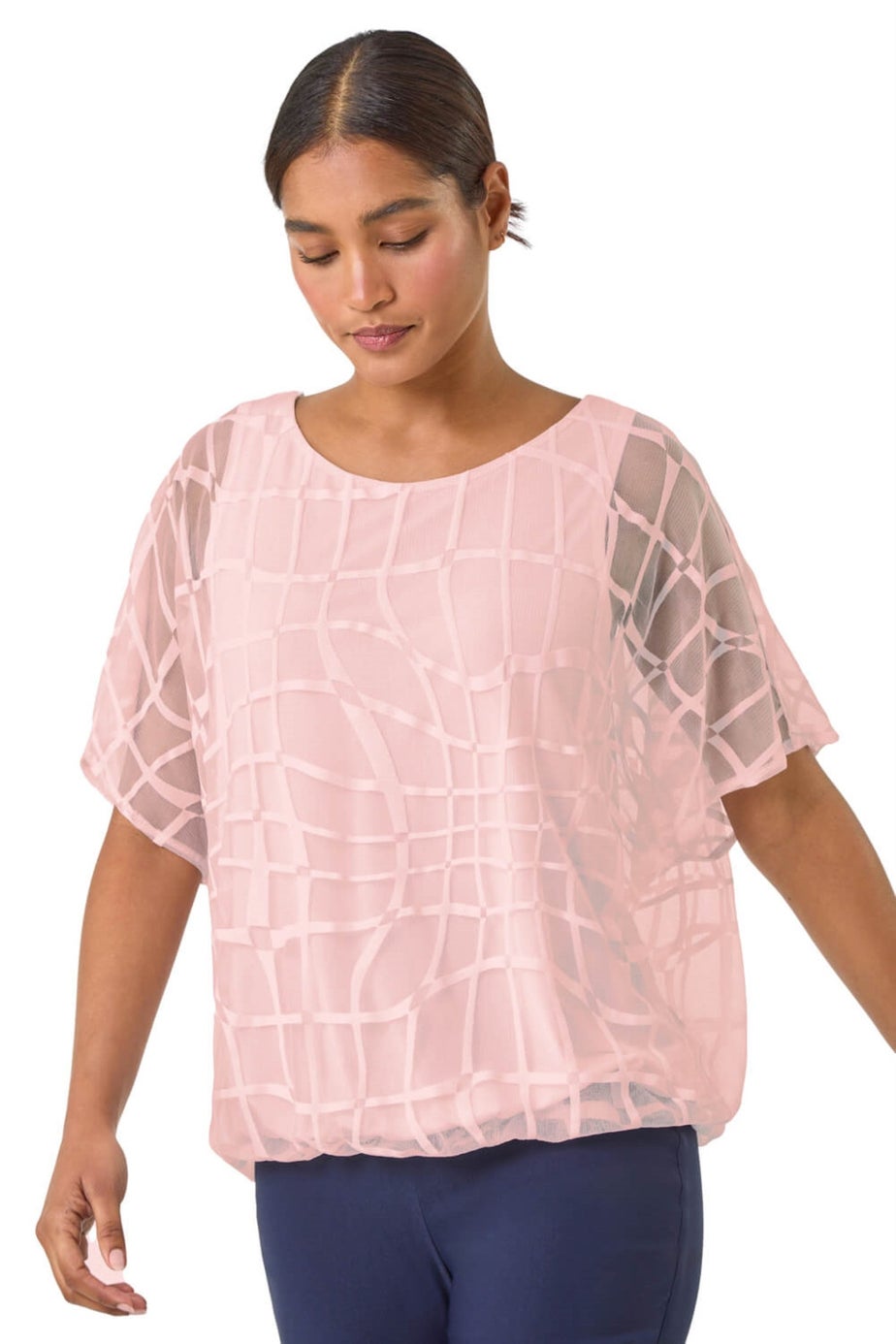Roman Light Pink Abstract Check Print Blouson Top