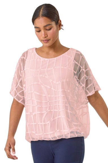 Roman Light Pink Abstract Check Print Blouson Top