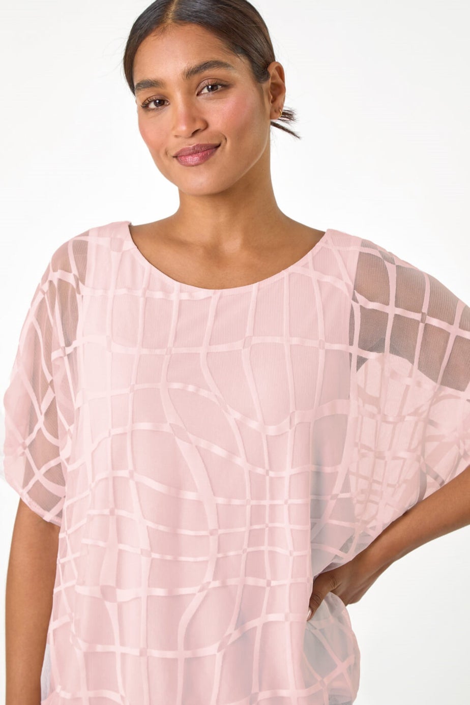 Roman Light Pink Abstract Check Print Blouson Top