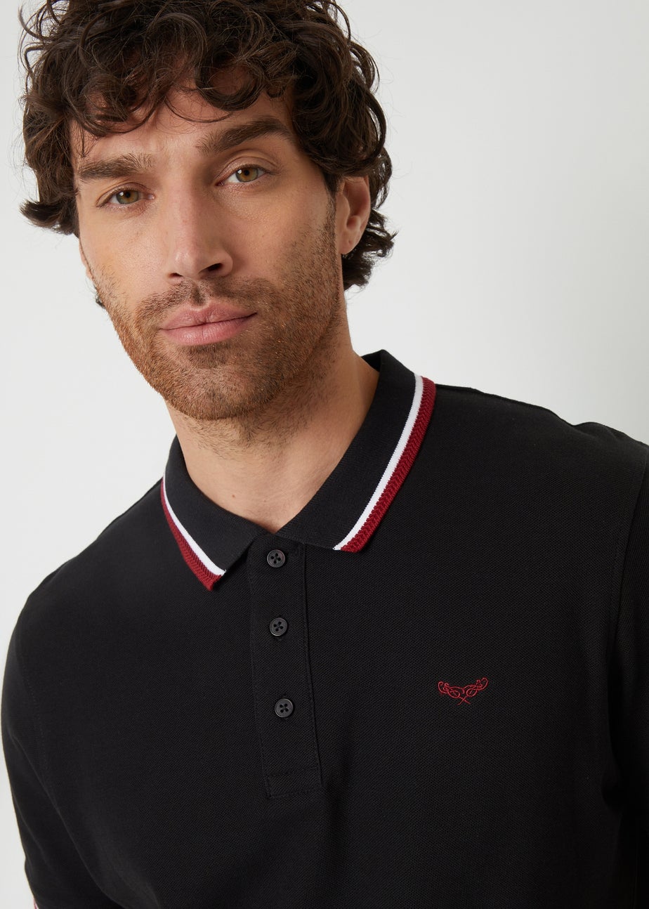 Threadbare Black Herringbone Tipping Cotton Pique Polo Shirt