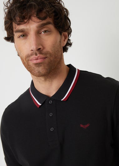 Threadbare Black Herringbone Tipping Cotton Pique Polo Shirt