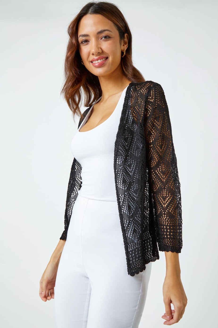 Roman Black Knitted Crochet Shimmer Shrug