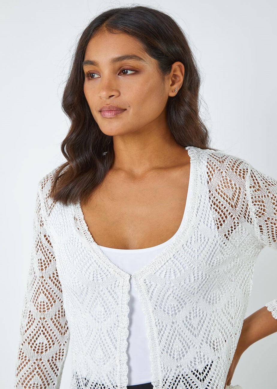 Roman Ivory Knitted Crochet Shimmer Shrug