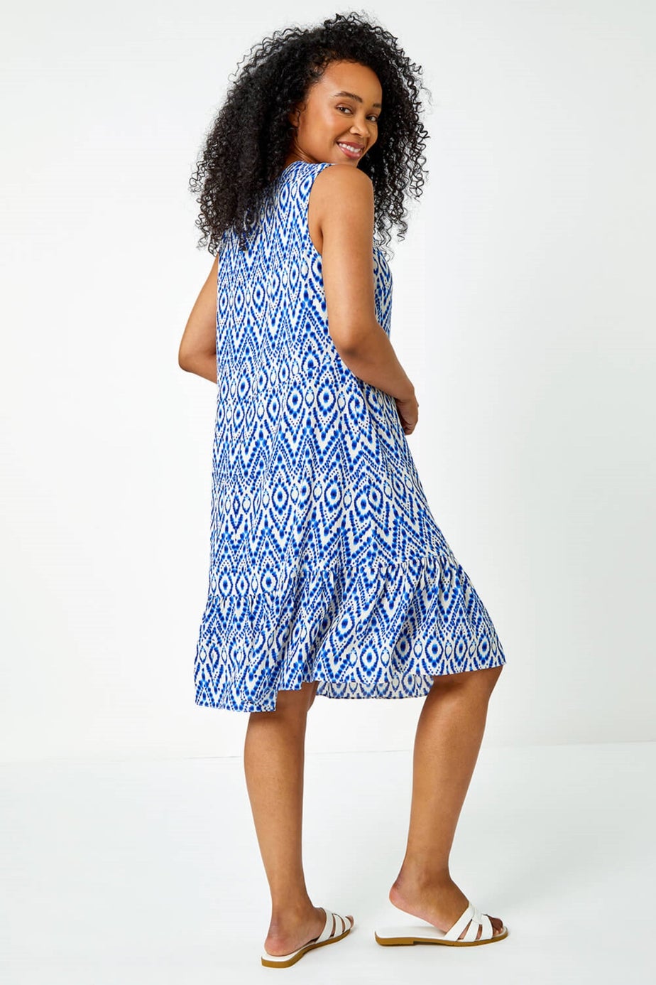 Roman Petite Blue Petite Aztec Print Frill Hem Shift Dress