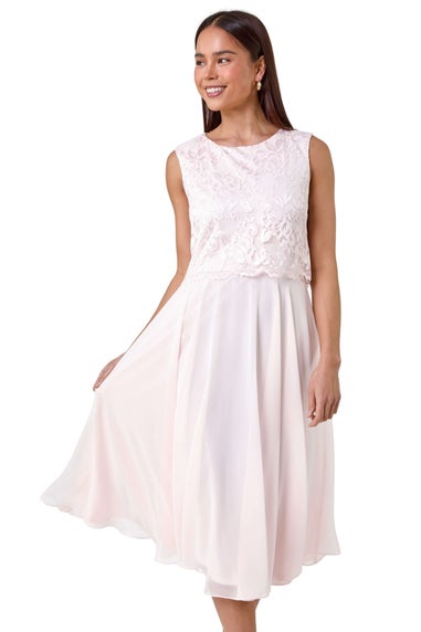 Roman Petite Light Pink Chiffon Overlay Lace Midi Dress