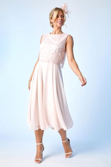 Roman Petite Light Pink Chiffon Overlay Lace Midi Dress