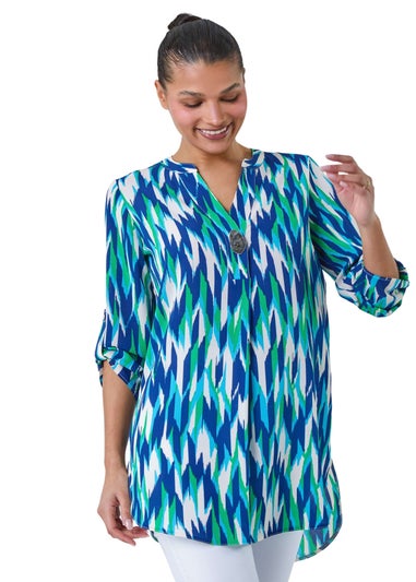 Roman Blue Abstract Longline Button Detail Tunic Top