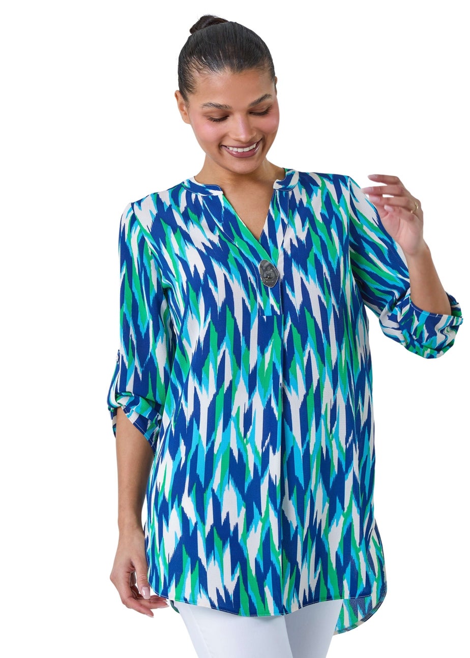 Roman Blue Abstract Longline Button Detail Tunic Top