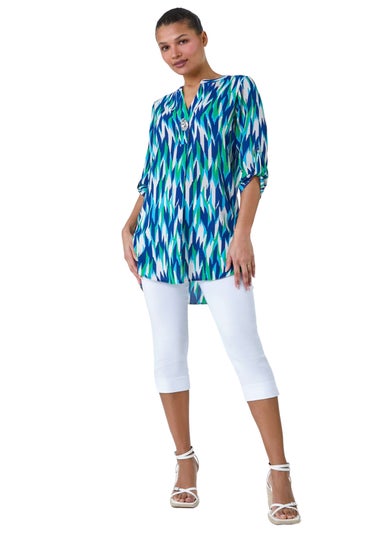 Roman Blue Abstract Longline Button Detail Tunic Top