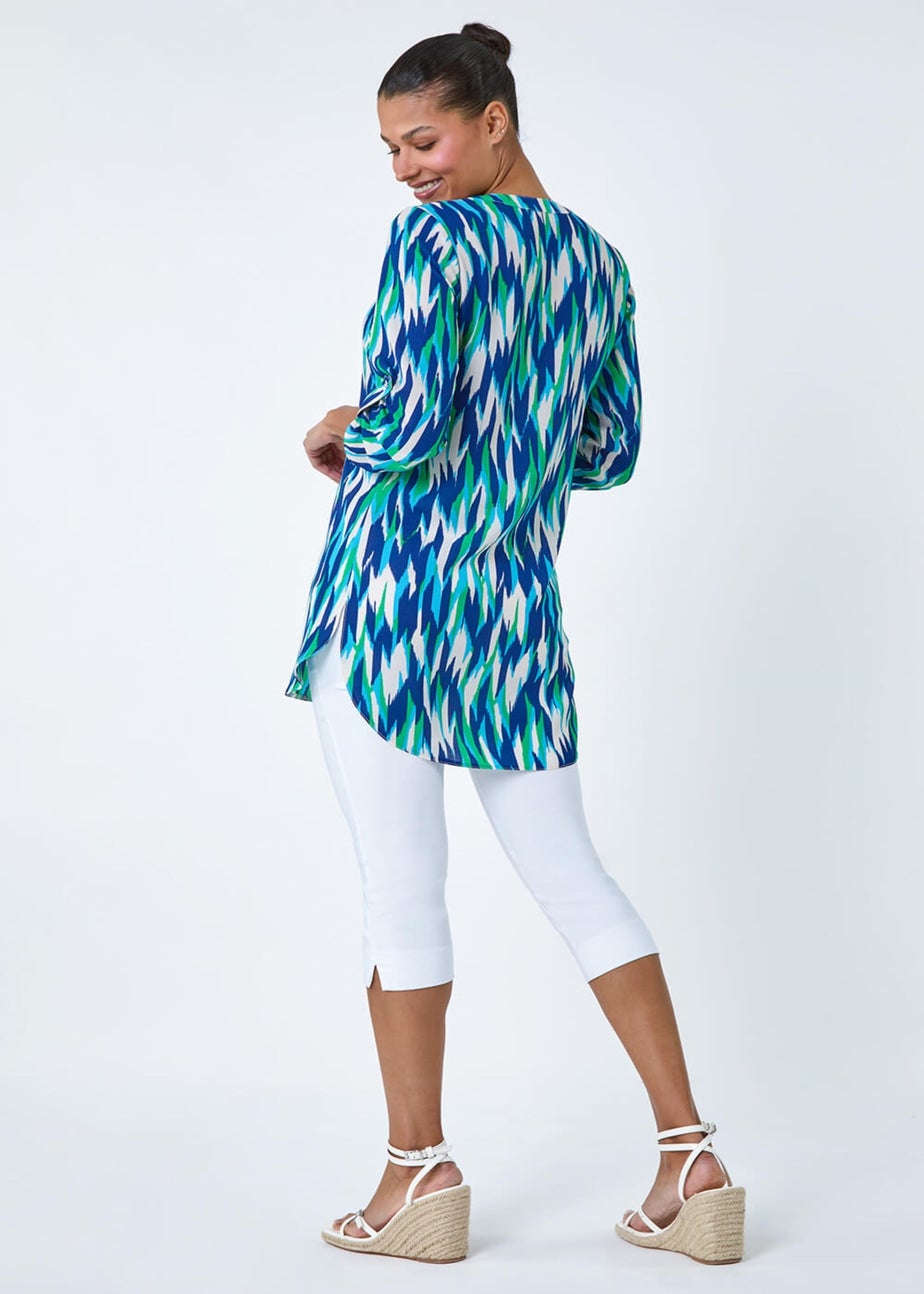 Roman Blue Abstract Longline Button Detail Tunic Top