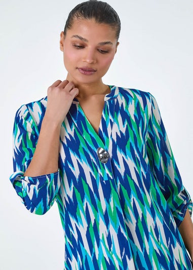 Roman Blue Abstract Longline Button Detail Tunic Top