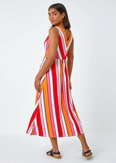 Roman Red Sleeveless Stripe Print Midi Stretch Dress