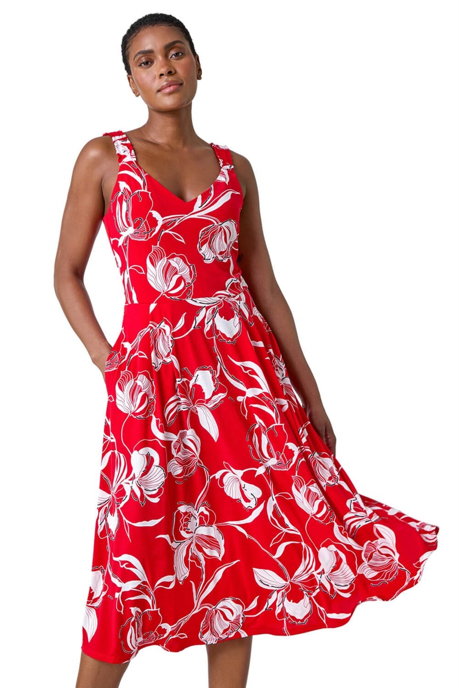 Roman Red Textured Floral Print Midi Stretch Dress