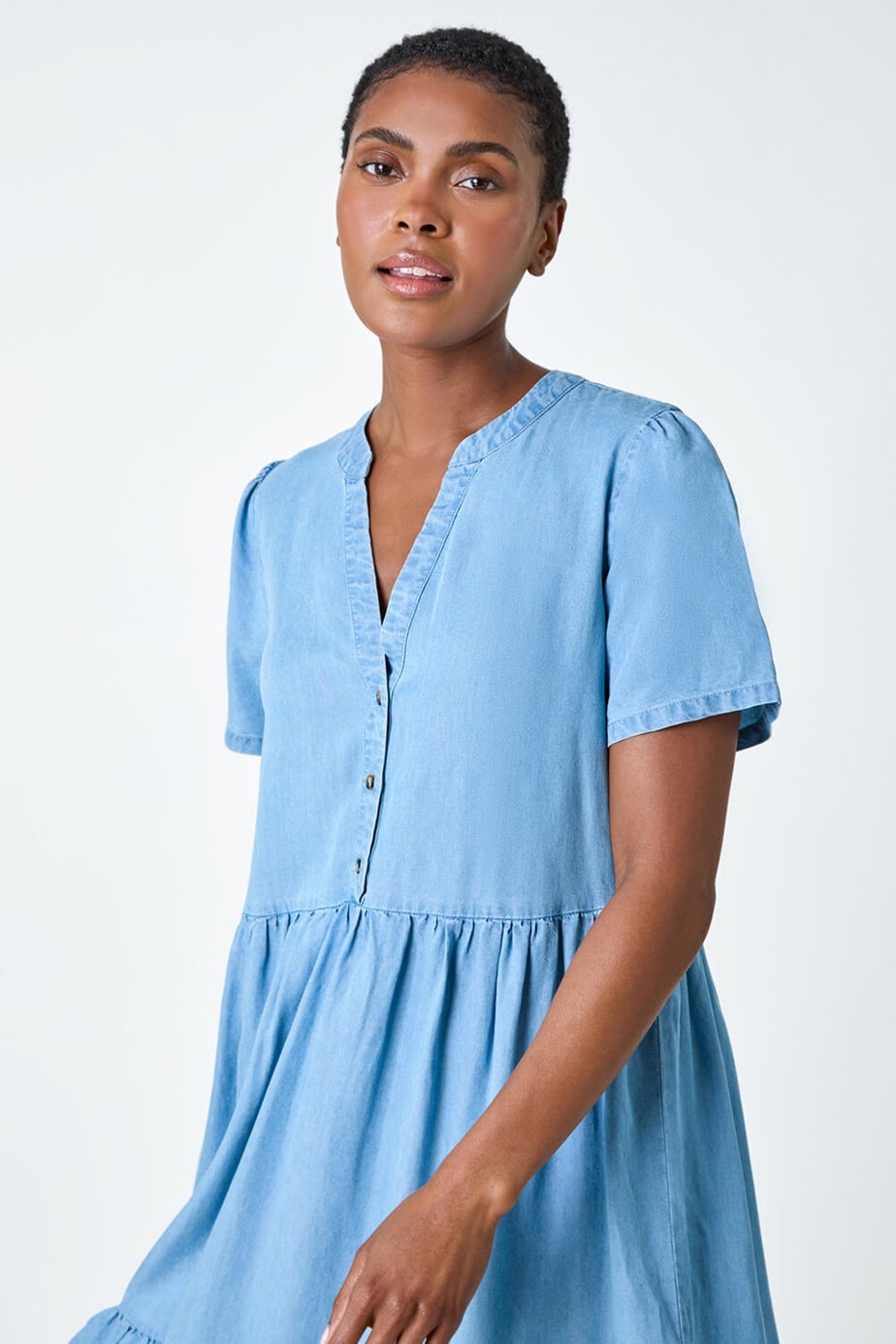 denim smock dress midi Blue Denim Zip Neck Midi Smock Dress